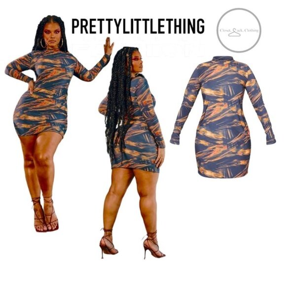 Prettylittlething PLUS RUST ABSTRACT PRINT BODYCON DRESS size 20 - Picture 1 of 9